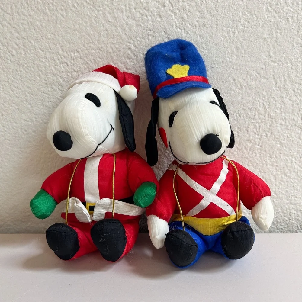 Vintage Snoopy Peanuts Christmas Tree Ornaments Plush set of two, Santa, Soldier